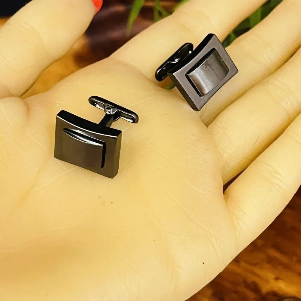 Roundtree & Yorke Cufflinks Gunmetal Black Whale Back Modern Rectangle 1190